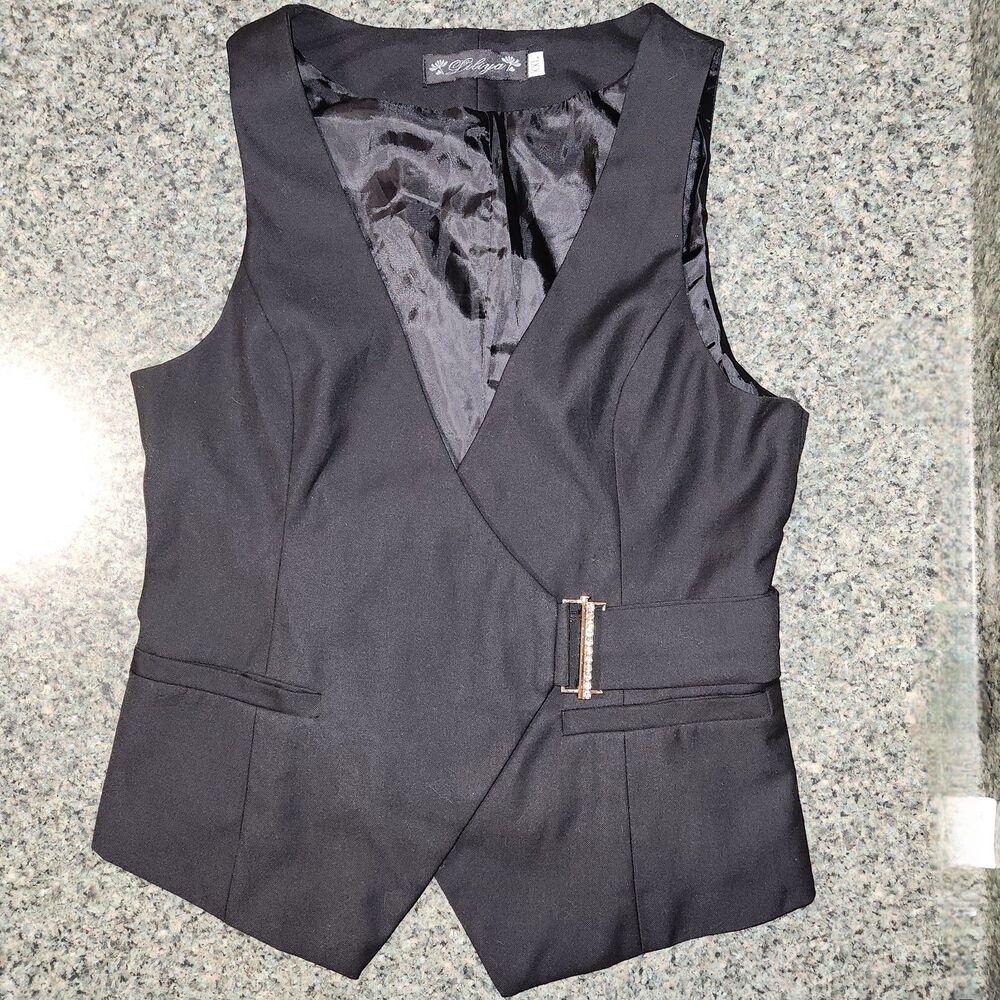 Liliya Black Vest Single Button Fake Gems Belt Closure Women XXL Runs Small